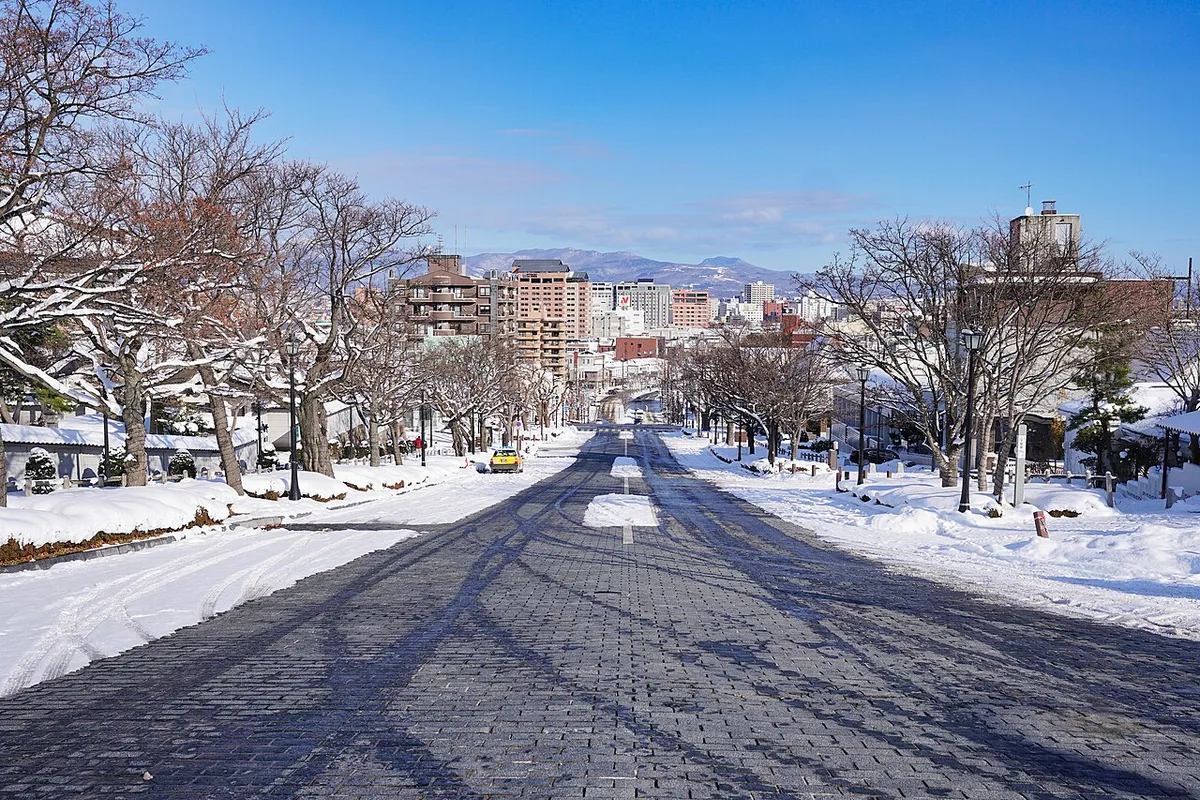 The wide stone-paved Nijukken-zaka slope in Hakodate after snow, lined with bare trees under a blue sky