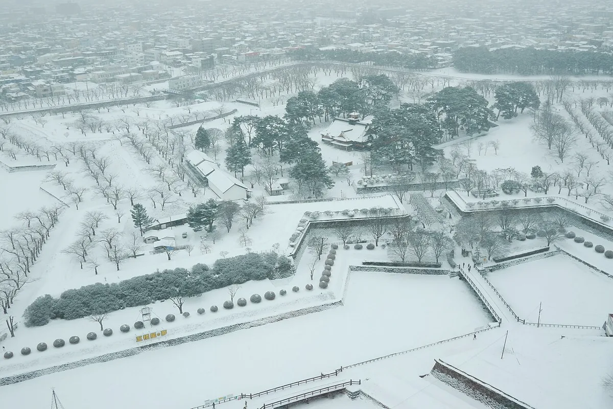 The star-shaped Goryokaku fort covered in snow, seen from above