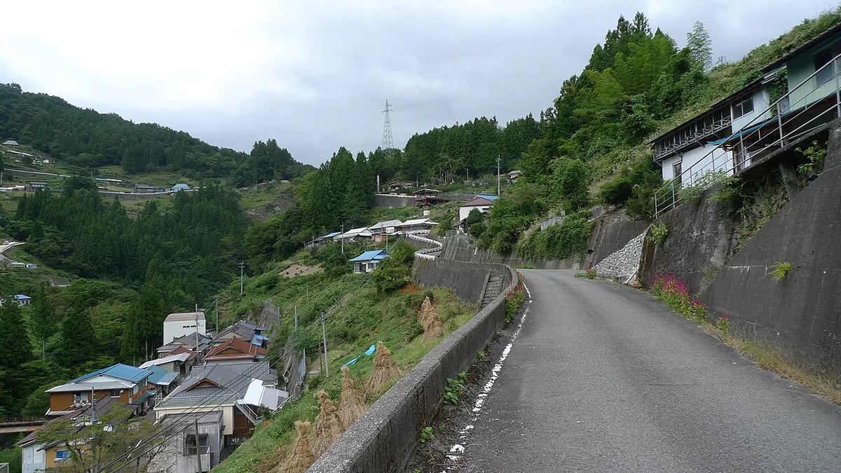 Houses of Ochiai village stepped down a forested mountainside in Higashi-Iya, beside a narrow road