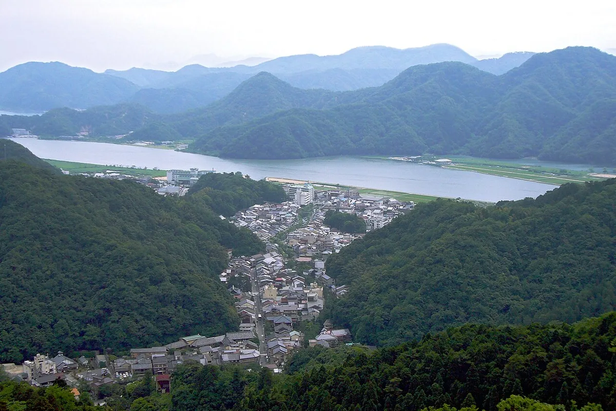 Kinosaki Onsen town in a narrow green valley seen from the hillside above, with the Maruyama River beyond