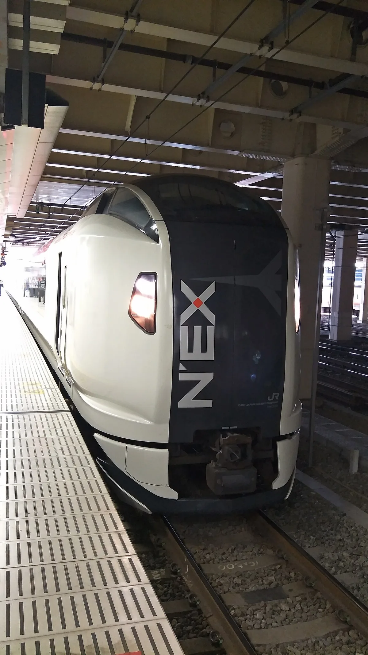White and black Narita Express train with the N'EX logo at a platform in Shinjuku Station