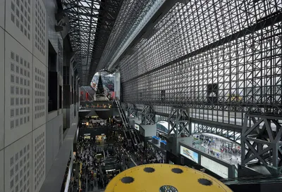 The glass-and-steel atrium of Kyoto Station, looking down on the central concourse and the grand staircase