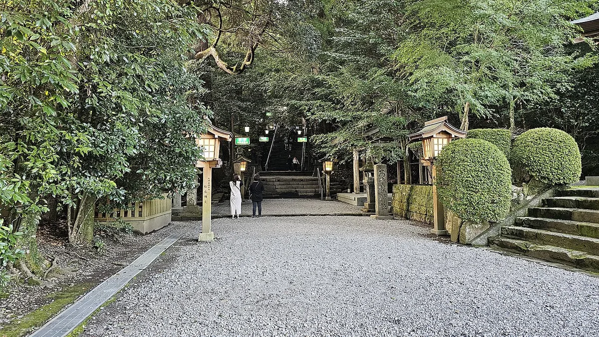 Gravel approach lined with stone lanterns leading to the steps of Takachiho Shrine under tall trees